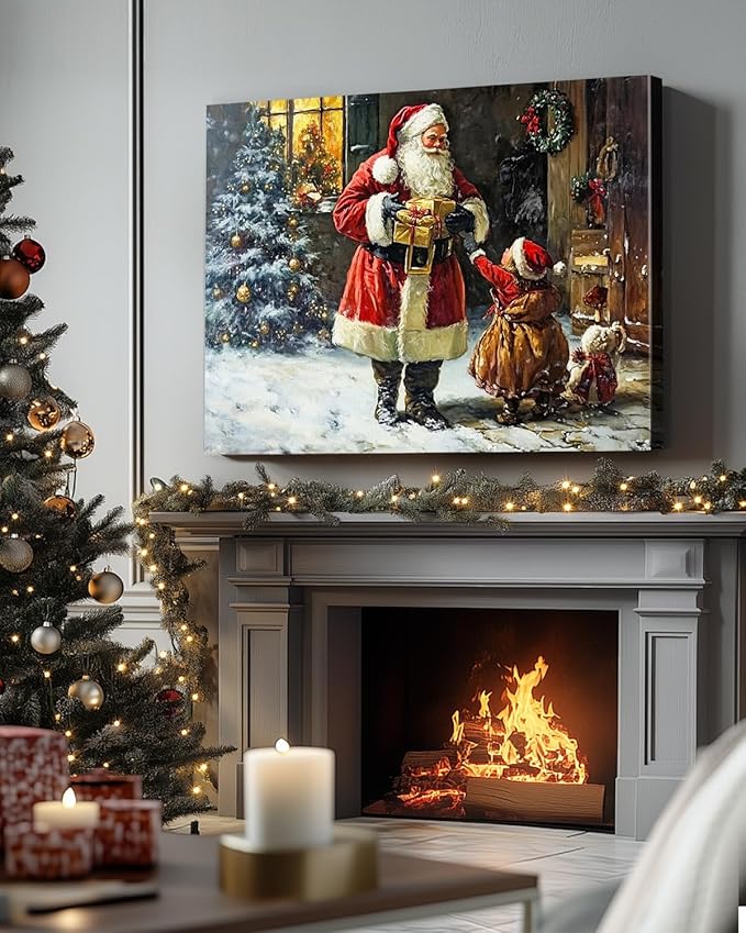 Vintage Santa Claus Christmas Canvas Wall Art - Festive Holiday Painting for Living Room,Bedroom & Bathroom, Cozy Winter Decor Framed Print, Perfect Christmas Gifts & Home Decoration