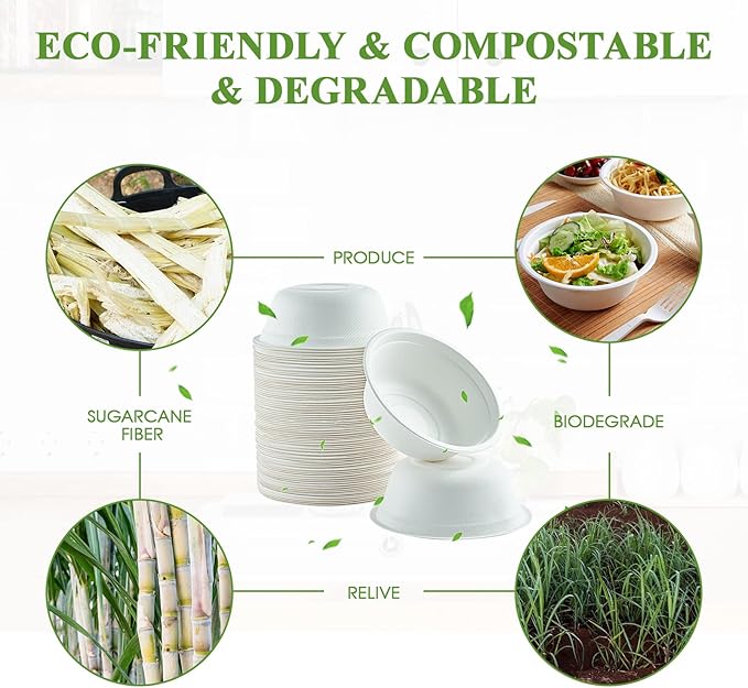 Vplus 180 Pack 16 OZ Paper Bowls, Disposable Compostable Bulk, Eco-friendly Bagasse, Heavy-duty Bowls Perfect for Milk Cereals, Snacks, Salads