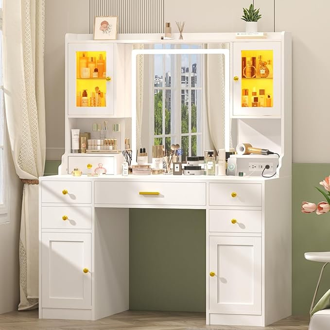 Vanity Desk with Mirror and Lights, White Makeup Vanity Table with Charging Station，Large Vanity Desk with 6 Drawers & 2 RGB Cabinet, Dressing Table Set with Lighted Mirror Adjustable, for Bedroom