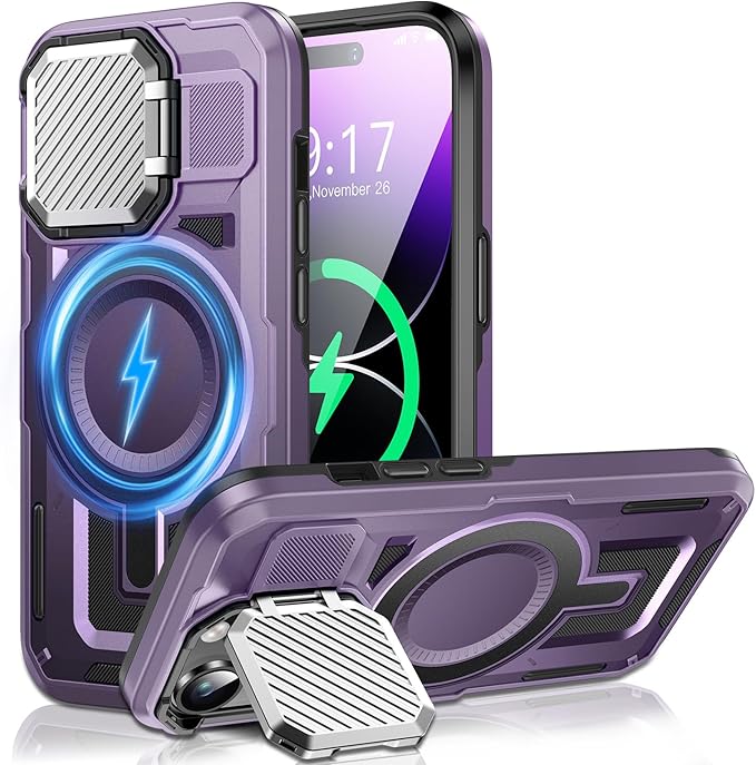 Camera Stand Case for iPhone 14 Pro, [Compatible with Mag Safe] [Lens Cover] 2024 Version Military Grade Protective Soft Case for iPhone 14 Pro 6.1 inch Men Women, Purple