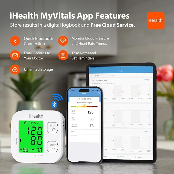 iHealth Track Smart Upper Arm Blood Pressure Monitor with Wide Range Cuff That fits Standard to Large Adult Arms, Bluetooth Compatible for iOS & Android Devices