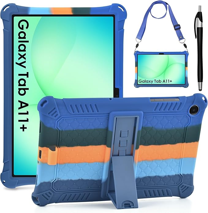 DETUOSI Silicone Case for Samsung Galaxy Tab A11+ Plus 11 Inch 2026/ Tab A9+ Plus 2024 Multi-Angle Foldable Tablet Cover with Adjustable Shoulder Strap &amp Stylus Pen Black