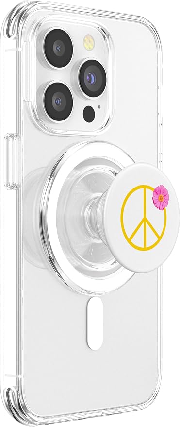 Pretty Pink Flower on Yellow Peace Sign PopSockets Adhesive PopGrip