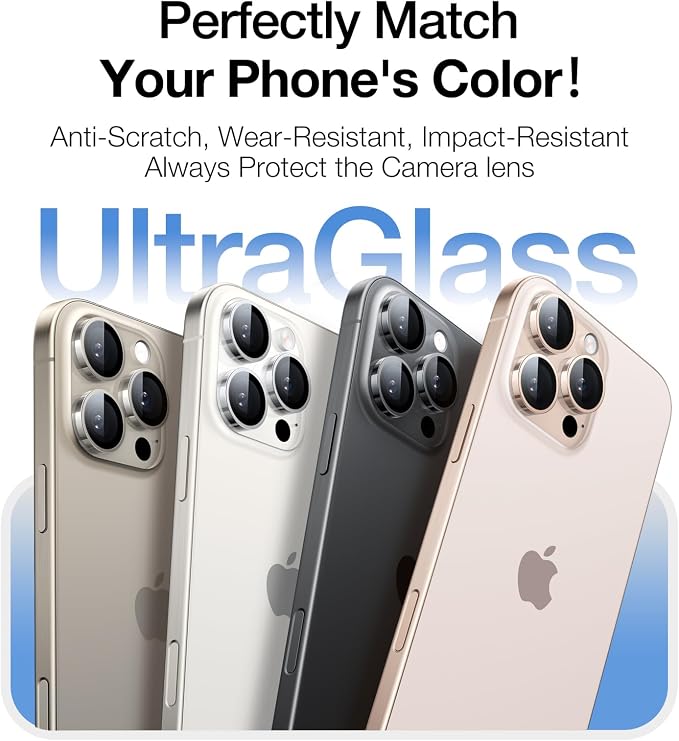 UltraGlass for iPhone 16 Pro Max/16 Pro Camera Lens Protector [NO.1 Military Grade Shatterproof] iPhone 16 Pro Max Camera Protector 16 Pro Lens Cover [Longest Durable] Easy Install Black Titanium