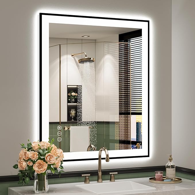 YEELAIT 36x30 Inch LED Bathroom Mirror with Lights (Front Lit and Backlit) Black Framed Lighted Vanity Mirror for Bathroom Wall Dimmable Anti-Fog Memory Tempered Glass Horizontal/Vertical