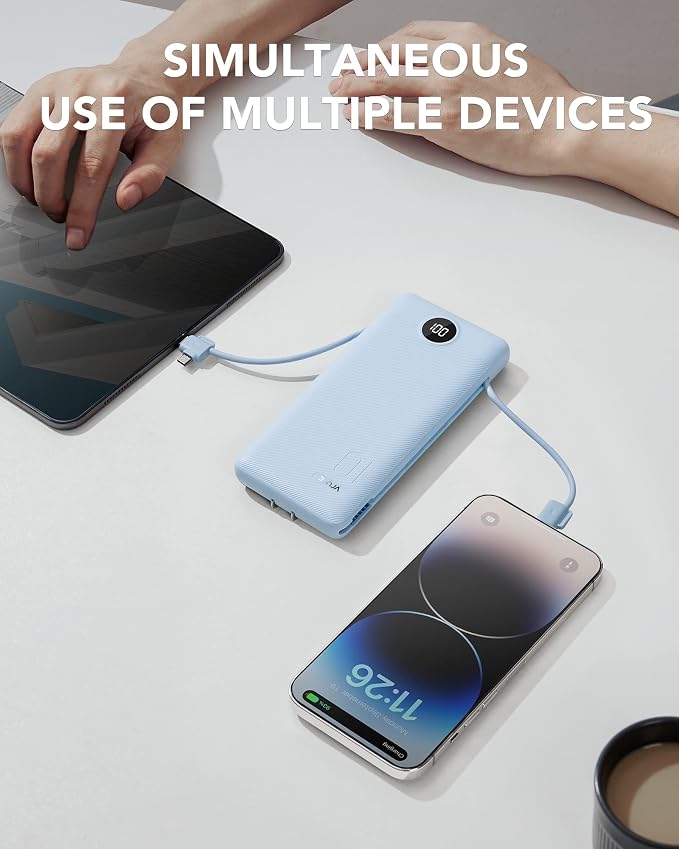VRURC Portable Charger Power Bank Built-in Cables and AC Wall Plug | USB C Portable Bank 10000mAhTravel Essentials Phone Charger Compact External Battery Pack for Smart PhonesTablets-Black