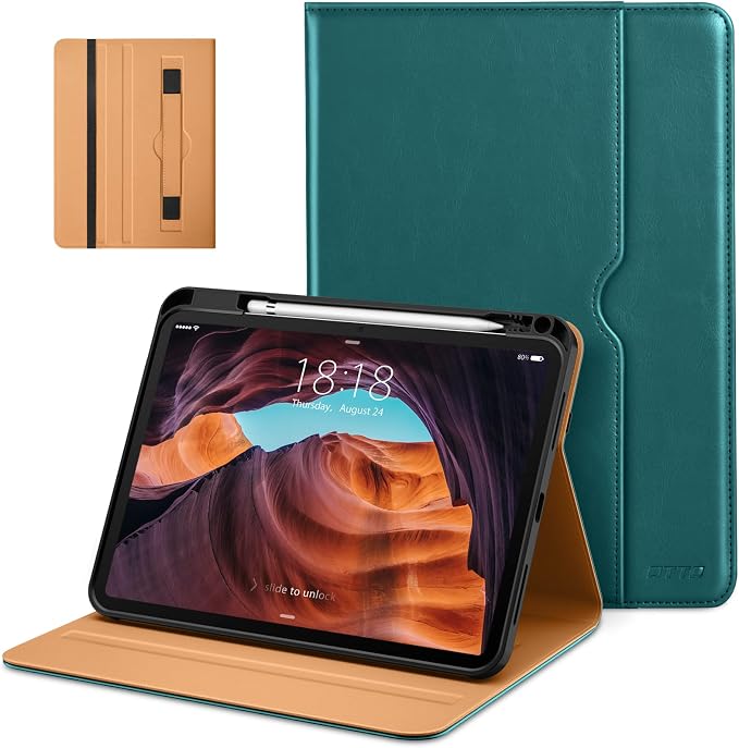 DTTO for iPad (A16) 11th Generation 11-inch &amp 10th Gen Case Brown | Premium Leather Business Cover with Pencil Holder Hand Strap &amp Pocket Corner Protection Auto Sleep/Wake for Work &amp