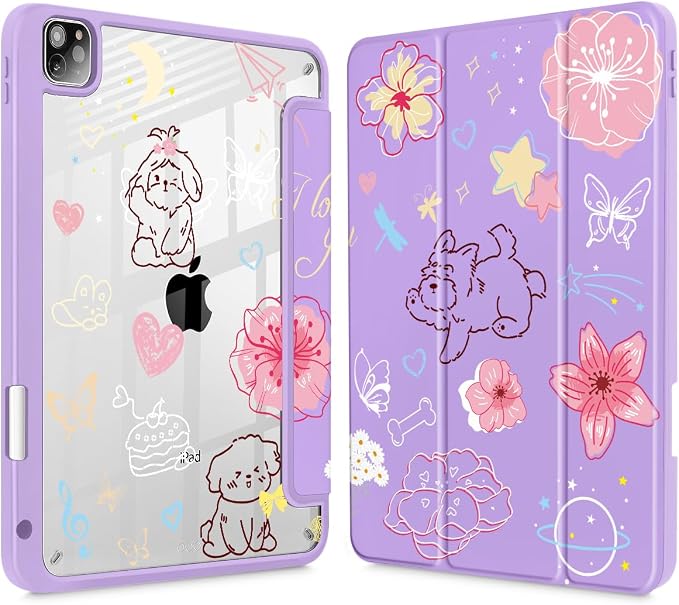 May Chen Case for iPad 12.9 Inch (6th/5th/4th/3rd Generation 2022/2021/2020/2018) Pencel Holder + Trifold Support Auto Sleep/Wake Transparent Shockproof Back Cover Blue Bows