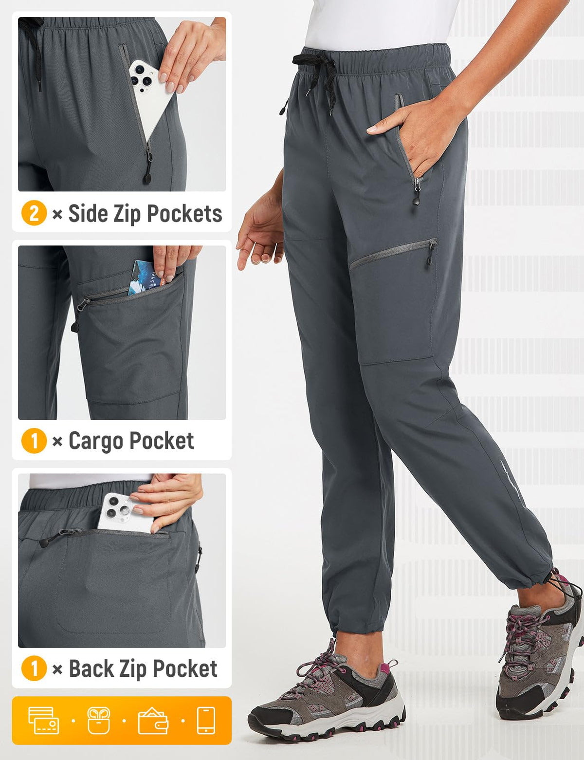 baleaf Cargo Pants for Women Petite Joggers Lightweight Quick Dry Pant Water Resistant 27'' Travel Workout Athletic Trip 27''-Dark Gray XL