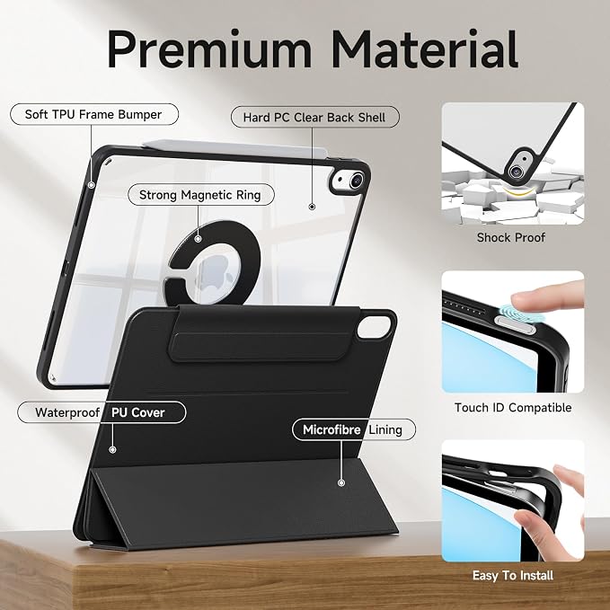 kenke Hybrid Case for iPad A16 11th Gen 11''/10th Gen 10.9'' Black | Detachable Magnetic Portrait/Landscape Stand Cover Magnetic Rotating Hard Clear PC Back Auto Wake/Sleep Support Touch ID