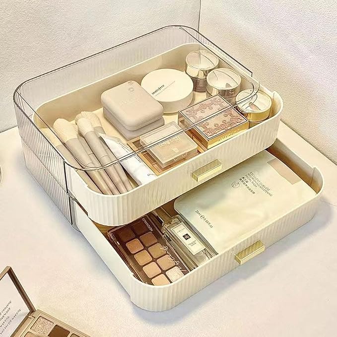 MIUOPUR Stackable Makeup Organizer Drawers, Bathroom Vanity Organizers and Storage, Ideal for Desk and Dresser Countertops, Great for Cosmetics, skincare, Lipsticks, Nail Care -Cream