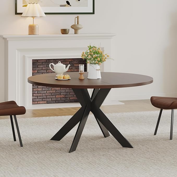 45.3" Walnut Round Dining Table Set with 2 Chairs – Mid-Century Modern Small-Space Kitchen & Dining Room Furniture for Apartment or Breakfast Nook (Walnut – Table + 2 Brown Chairs)