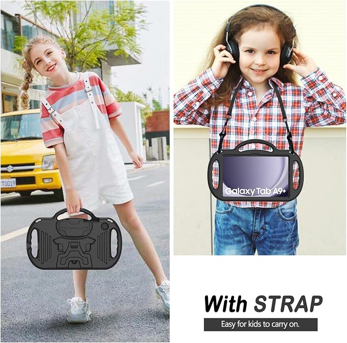 Kids Case for Samsung Galaxy Tab A11+ Plus/A9+ Plus 11 Inch Case with Strap Shockproof Lightweight Handle Stand 2025/2023 Model with Lanyard Black