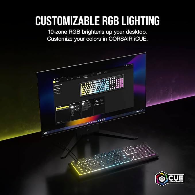 Corsair K55 CORE RGB Membrane Wired Gaming Keyboard – Quiet, Responsive Switches – Spill Resistance – Ten-Zone RGB – Media Keys – iCUE Compatible – QWERTY NA – PC, Mac – Gray
