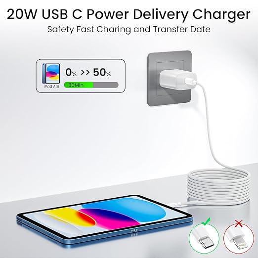 iPad Fast Charger10ft Long iPad Charger Fast Charging20W USB C Charger | Charging Cable Cord for Apple iPad A16 11th/10th GenerationiPad Pro 13/12.9/11 inchiPad Air 13/11 M4/M3/M2/5th/4thMini 6/7