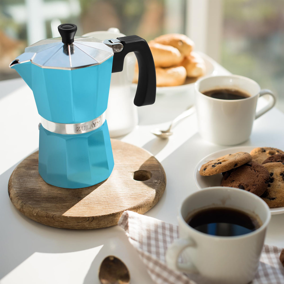 Zulay Moka Pot Espresso Stovetop Coffee Maker - Leak-Proof, Stainless Steel, Easy to Clean, Heat Resistant Handle & Knob - for Authentic Cuban & Italian Style Espresso - Makes 12 Espresso Cups - White