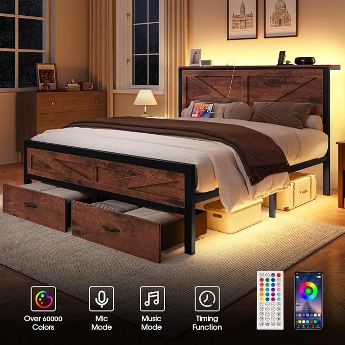 Rustic Queen Bed Frame with Storage Drawers and Barn Door Headboard, Farmhouse LED Bed Frame Queen Size with Charging Station, Metal Industrial Platform Bed Frames, No Box Spring Needed, Brown