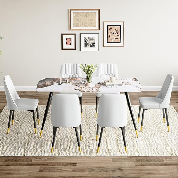 Modern Dining Set for 6, Sintered Stone Table Top, White Chairs, 62'' W x Unknown H x D, Dining Room