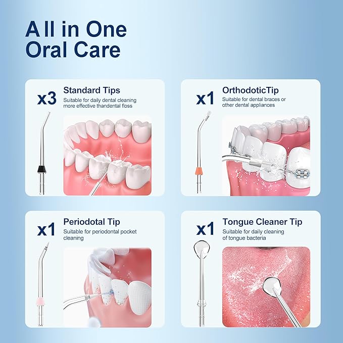 MOCEL Water Dental Flosser Oral Irrigator with 5 Modes, 350ml Cordless Water Teeth Cleaner Pick 6 Tips, IPX7 Waterproof Rechargeable Portable Powerful Battery for Travel & Home Braces & Bridges Care