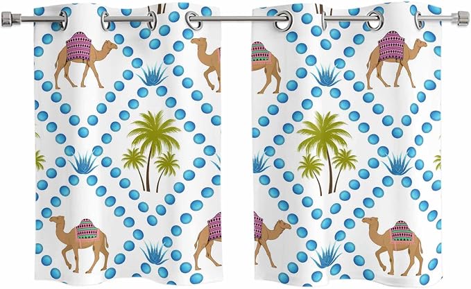 2 Panel Kitchen Cafe Curtains, Camels Palm Trees Sunlight Filtering Nature Air