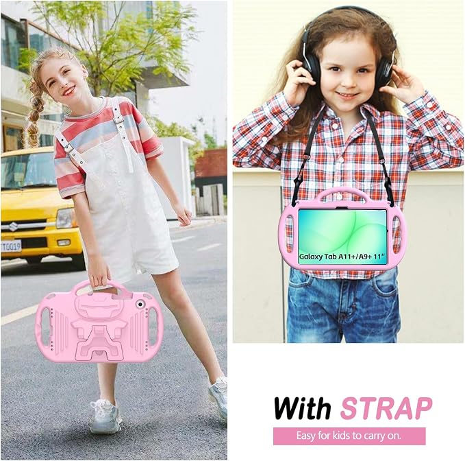 Kids Case for Samsung Galaxy Tab A11+ Plus/A9+ Plus 11 Inch Case with Strap Shockproof Lightweight Handle Stand 2025/2023 Model with Lanyard Black