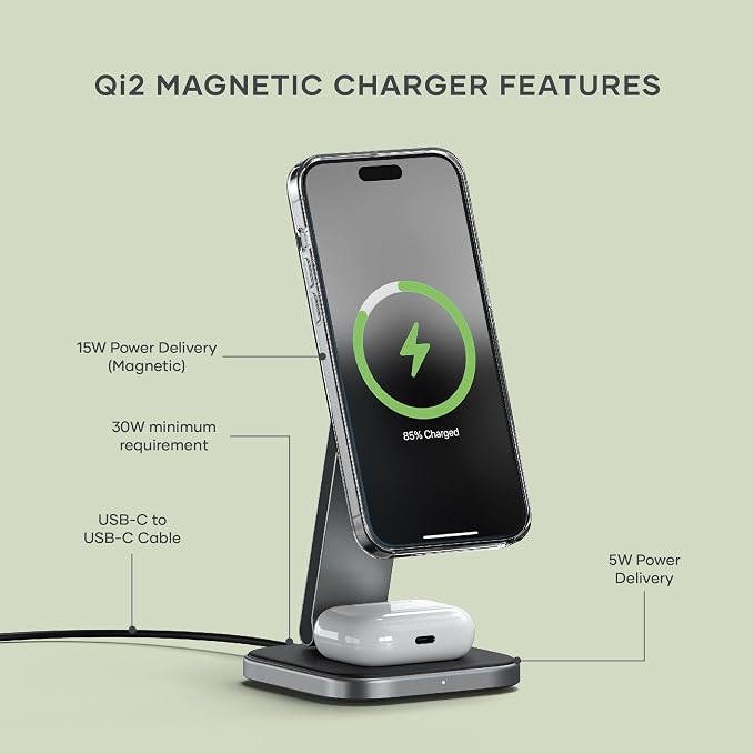 Satechi 2-in-1 Qi2 Wireless Charger 15W Magnetic Charging | Foldable travel stand fits iPhone 12-17 AirPods Pro 4/3/2