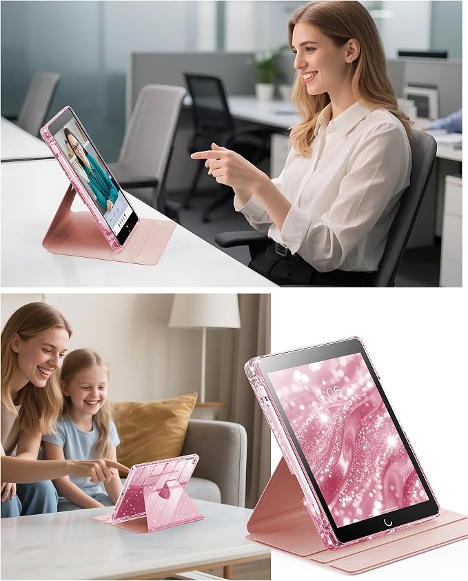 INFILAND Rotating Case for iPad 6th / 5th Generation (2018/2017) iPad 9.7 Inch Case iPad Air 2 / iPad Air 1 360 Rotating Cute Glitter Cover with Clear Back Pencil Holder (Black)