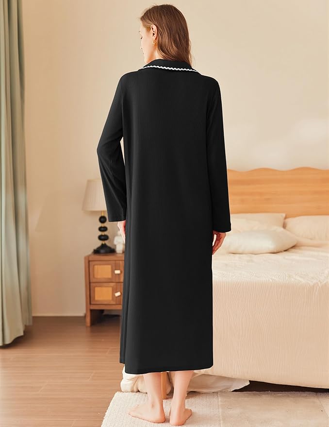Ekouaer Zipper Robes for Women Long Waffle Knit Bathrobe Lightweight Long Sleeves Robe Soft Sleepwear with Pockets S-XXL