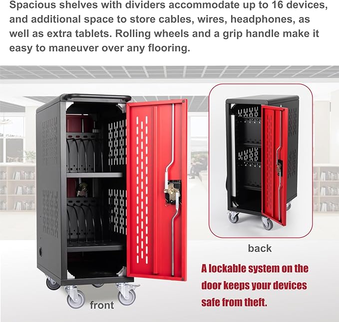 16 Device Mobile Charging Station for Laptops/Tablets/iPads/Chromebooks,16 Bay Lockable Charging Cabinet with Power Strip for Classroom,School Charging Carts with Casters