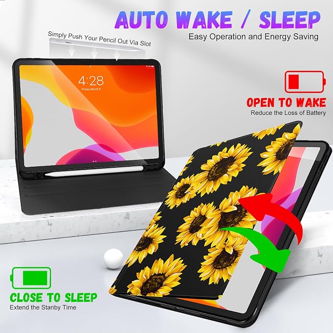 Uppuppy for iPad Pro 12.9 Case Kids Folio PU Leather Cover with Apple Pencil Holder Auto Sleep/Wake Adjustable Angles for iPad Pro 12.9 6th/5th/4th/3rd Gen Sun Moon Black