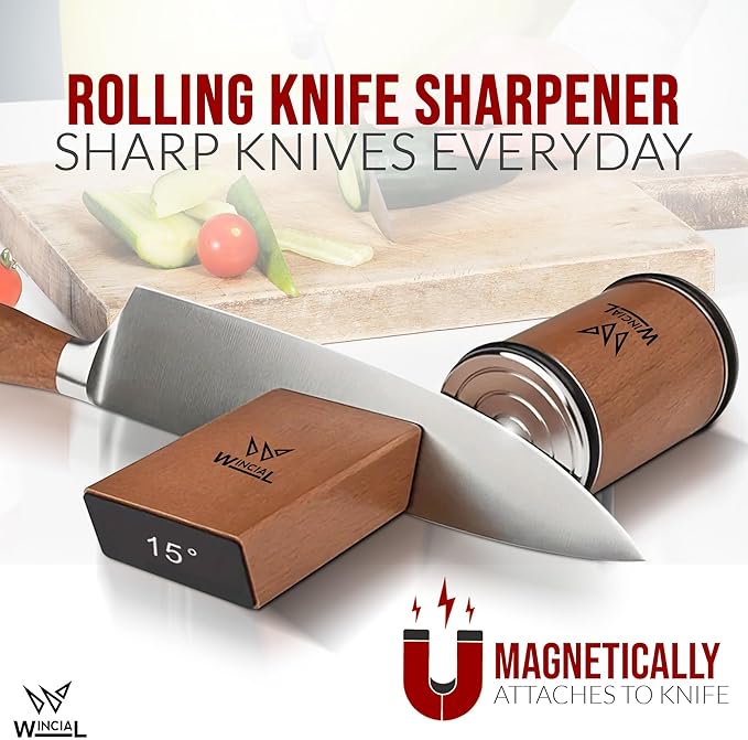 Wincial Rolling Knife Sharpener | Professional 15° Angle Manual Knife Sharpener For Japanese & Precision Blades with Magnetic Base & Non-Slip Grip