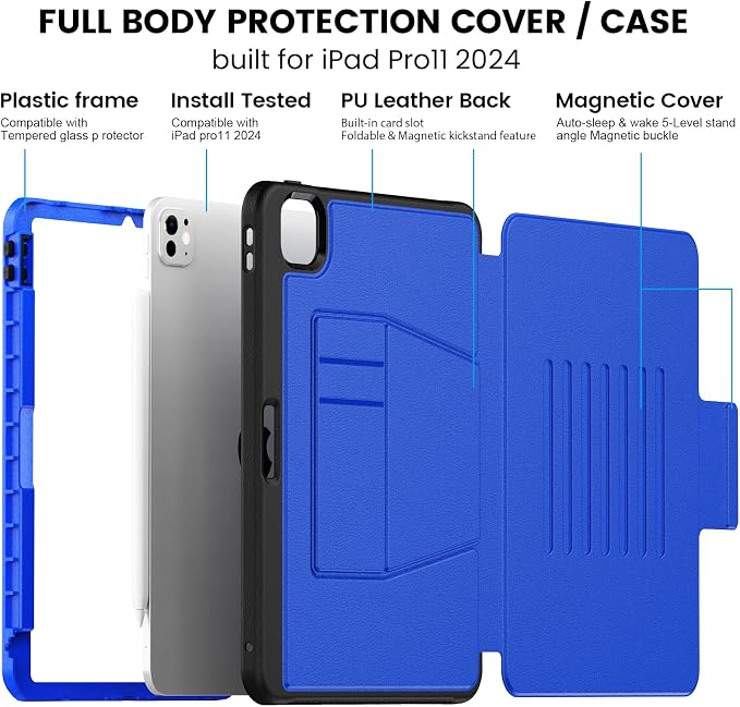 for iPad Pro 11 inch Protective Case M5 2025/M4 2024: Heavy Duty Shockproof Case with Pencil Holder - 360°Rotating Handle/Stand - Screen Protector - Shoulder Strap Black/Sky Blue