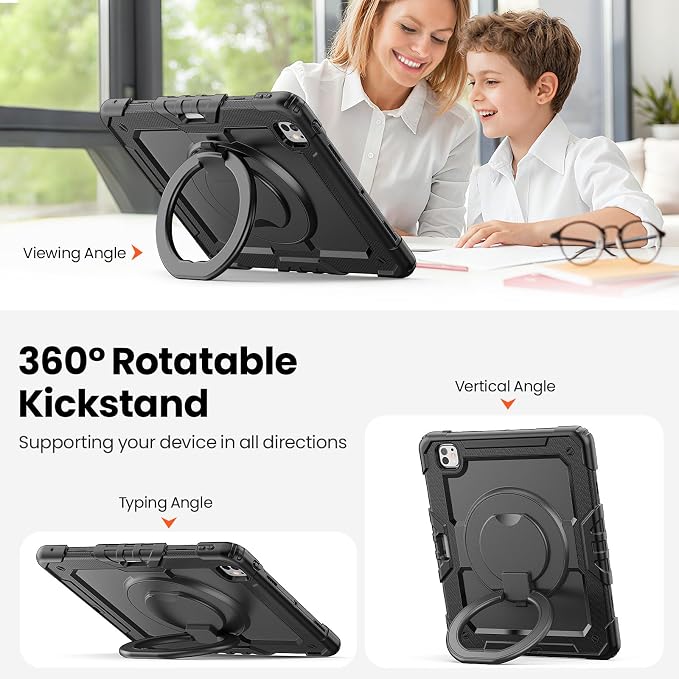 for iPad Pro 11 inch Protective Case M5 2025/M4 2024: Heavy Duty Shockproof Case with Pencil Holder - 360°Rotating Handle/Stand - Screen Protector - Shoulder Strap Black/Sky Blue