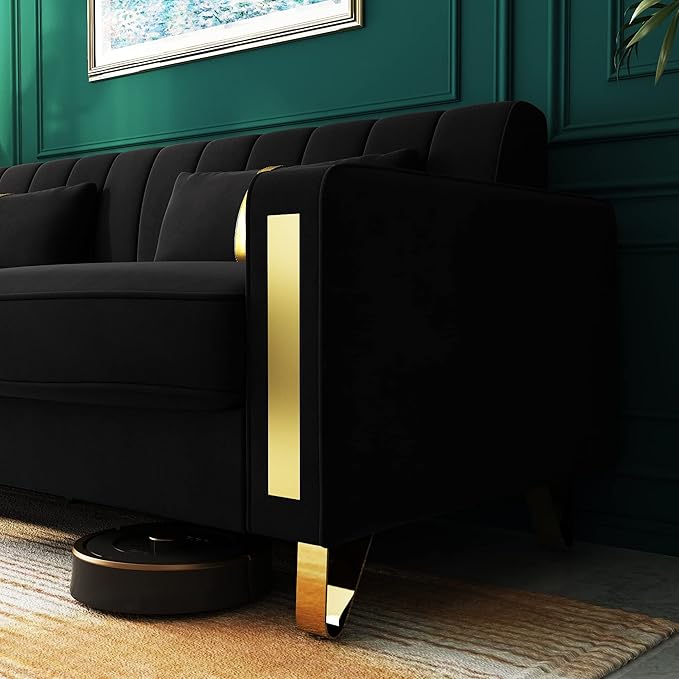 Couch 85.62" 3 Seats Sectional Velvet Fabric Sofa Easy Assemble Sofa Bed with 2 Couch Pillows,Gold Metal Legs for Living Room (P17, Black（3+3+1）)