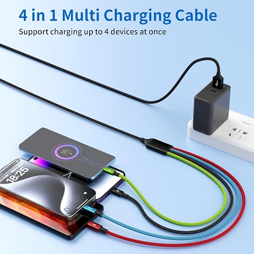 4 in 1 Multi Charging Cable 2 Pack 6FT Charging Cords for Devices | Nylon Braided USB C Car Charger Cable with Dual USB-C IP &amp Micro Ports Long Travel Charging Cord for Cars