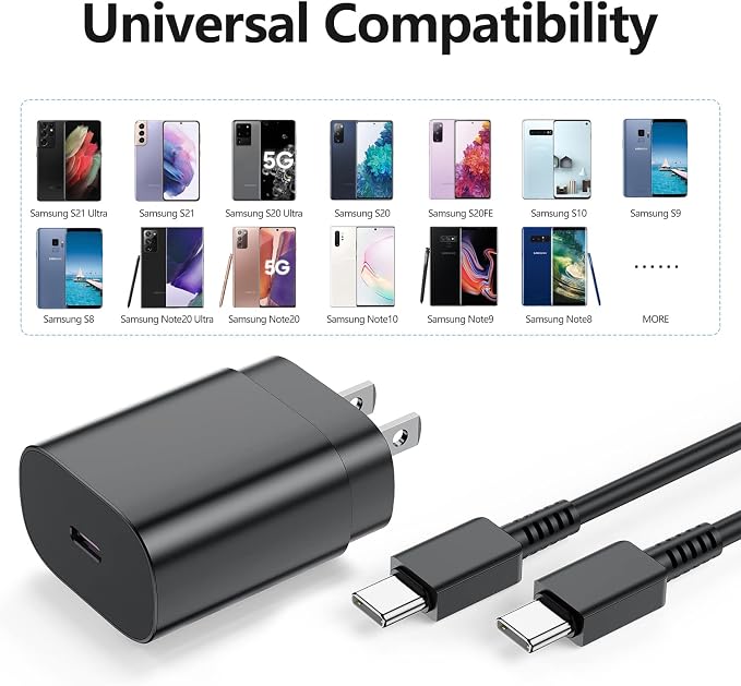 2 Pack-for Samsung Galaxy S23 S22 S21 Note 20 Fast Charging Type C25w USB C Super Fast Charger Type C Wall Charger Block Android Phone Cable for Samsung Galaxy S20 Plus Ultra 2×6ft Black | Fast Cha