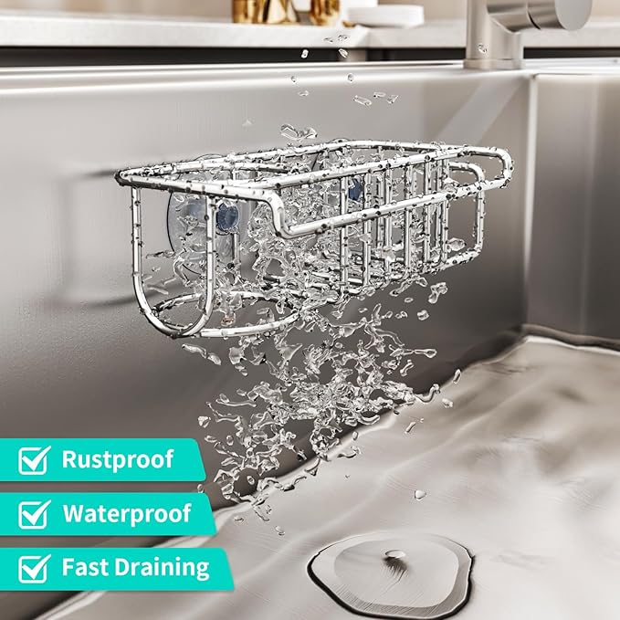 HapiRm 4 in 1 Sink Caddy Sponge Holder, SUS304 Stainless Steel Kitchen Brush Holder + Dish Cloth Hanger + Soap Rack + Sink Stopper Rack + Sponge Caddy for Kitchen - Silver