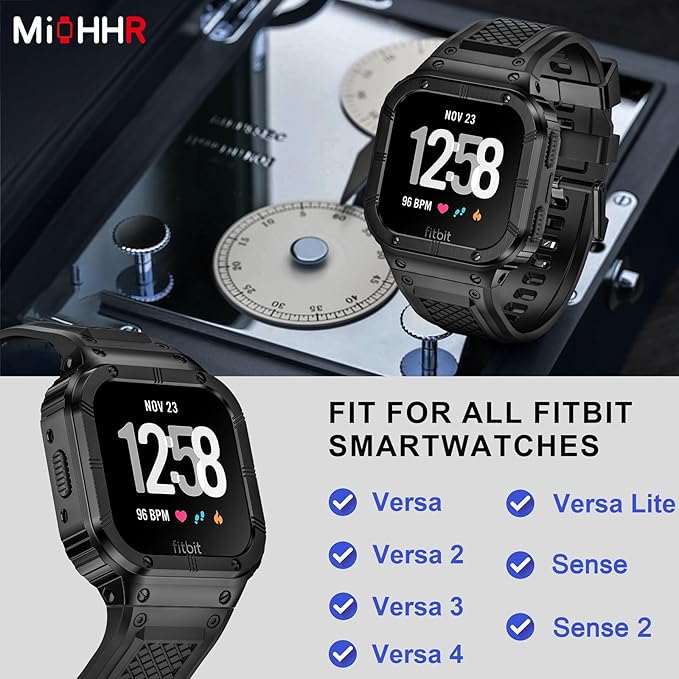 MioHHR Stainless Steel Case and Band Compatible with Fitbit Versa 4/3/2/Lite/Sense/Sense 2 Bands with Metal Case, Rugged Sports Protector Cover Silicone Wristbands for Men, Black