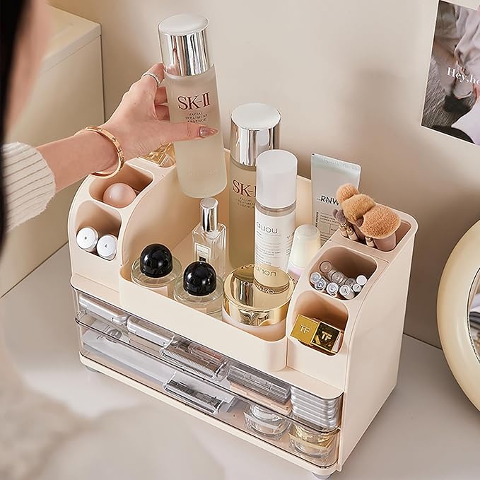 Anyoifax Makeup Organizer Countertop with Large Drawers, Vanity Organizer with Brush Holder, Skin Care Storage for Dresser, Perfume Organizer for Lotion, Lipsitck, Palette, Beige