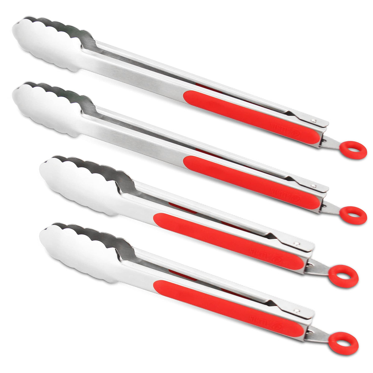 304 Stainless Steel Locking Kitchen Tongs, 9 & 12 Inch, 4-Piece, Black
