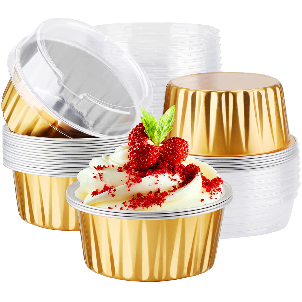EUSOAR Cupcake Liners for Baking, 50pcs 5oz Muffin Liners, Disposable Foil Ramekins, Dessert Containers, Aluminum Foil Baking Cupcake Cups Holders Pans with Lids 5 Colors Mixed