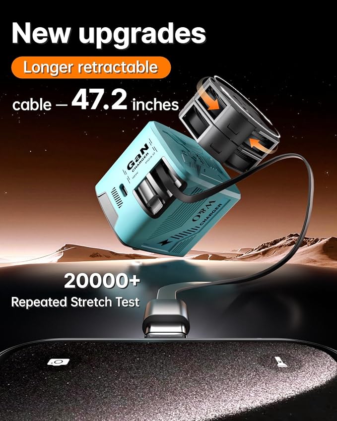 W &amp O 60W GaN Fast Charger Wall Plug Built-in Retractable USB-C &amp L Cables | Retractable Wall Charger with 47.2 Cables One Pull Charging No Cable Mess Solution for iPhone 17/16/15 Galaxy