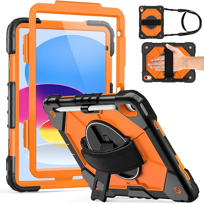 Weuiean Case for iPad A16 11th/10th Generation 11/10.9 Military-Grade Heavy-Duty Shockproof Cover with 360° Rotating Stand Built-in Pencil Holder &amp Adjustable Hand/Shoulder Strap - Black