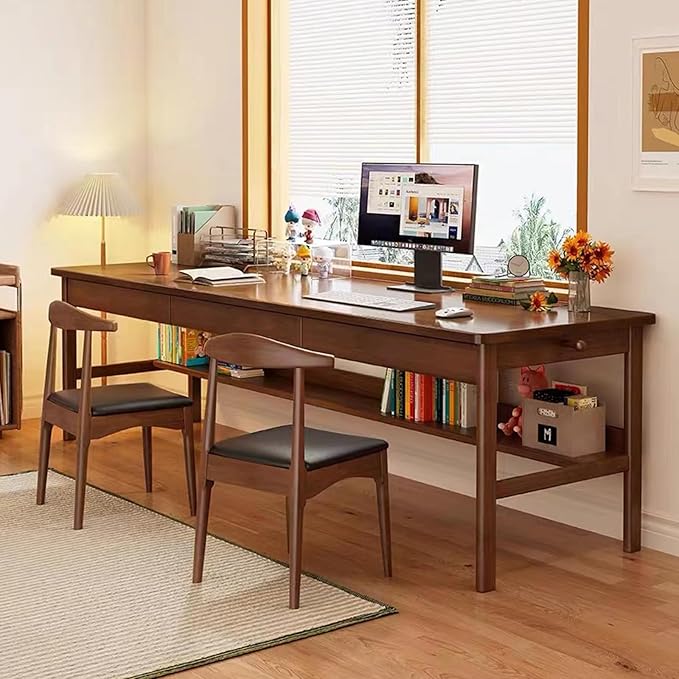 70.86" Long Solid Wood Desk with 3 Drawers Home Office Computer Desk Mid Century Modern Large Study Writing Desk Simple Real Wood Desk Study Table Workstation, Walnut