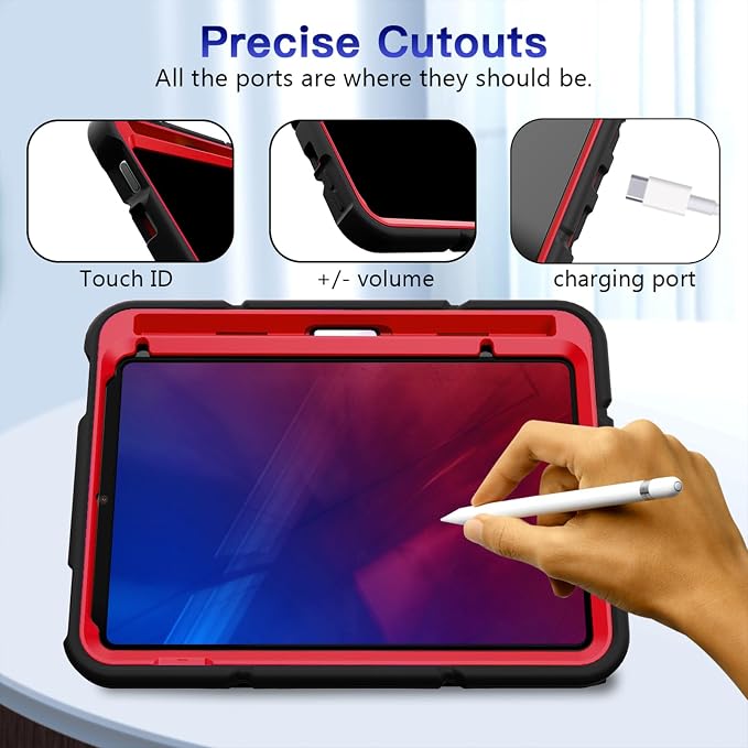 Grifobes Case for iPad mini 7th 2024 (A17 Pro) / Mini 6th Generation 2021 8.3 Heavy Duty Shockproof Cover with Pencil Holder Stand for i Pad Mini 7/6 Gen 8.3 inch Case (Black+Red+Red)
