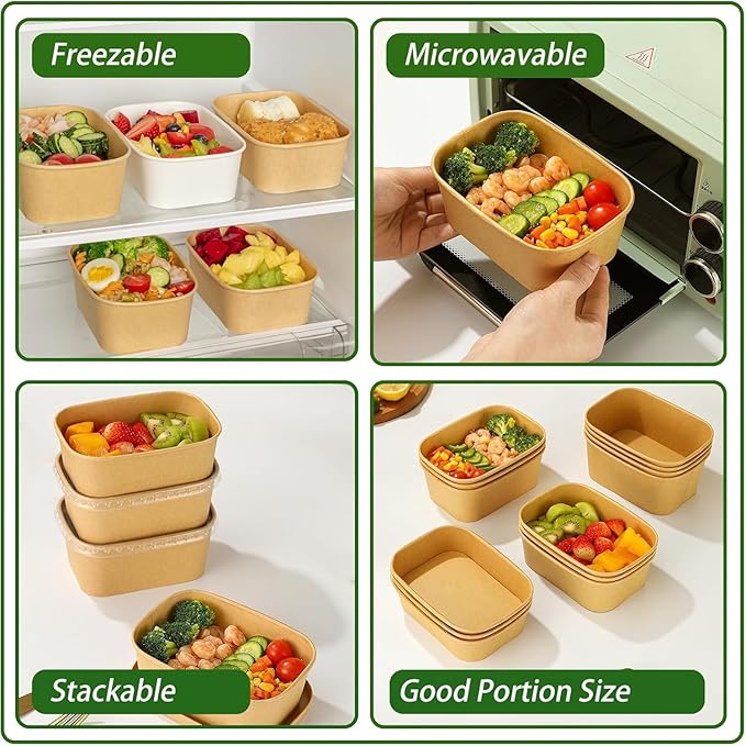 50-Pack 34oz Kraft Paper Bowls, Disposable Meal Prep Containers with Lids and Forks, Food Prep Containers To Go Food Containers Deli Containers for Take-out, Meal Prep, World Cup Party Supplies