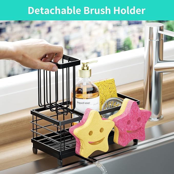 HapiRm Sink Caddy Sponge Holder - Self-draining Kitchen Sink Organizer with Smiley Face and Brush Holder, Stainless Steel Kitchen Sponge Caddy for Countertop - Black