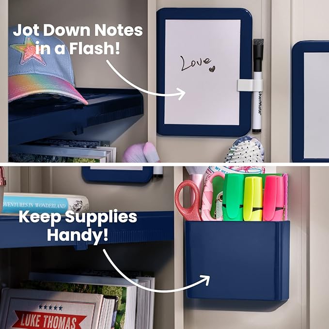 LockerMate 6-Piece Locker Organizer Kit, Includes Mirror, Whiteboard, Storage Cup & Dry Erase Marker, Navy