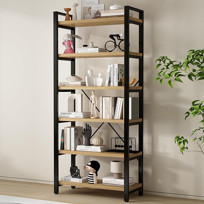 Real Solid Wood Rustic Vintage Industrial Etagere Bookshelf, Metal & Timber Free Vintage Bookcase, Retro Brown (Genuine Timber) (6-Tiers-RawWood)
