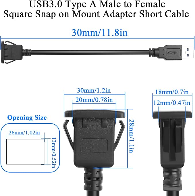 QIANRENON 5Gbps USB3.0 Square Snap on Mount Adapter Short Cable USB3.0 Male to Female Flush Fixed Mount Charging Data Connector Extension Cable 5V/2A for Desktop Dashboard Panel 30cm/11.8in